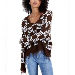 Just Polly Frailed plaid sweater with hearts, size S